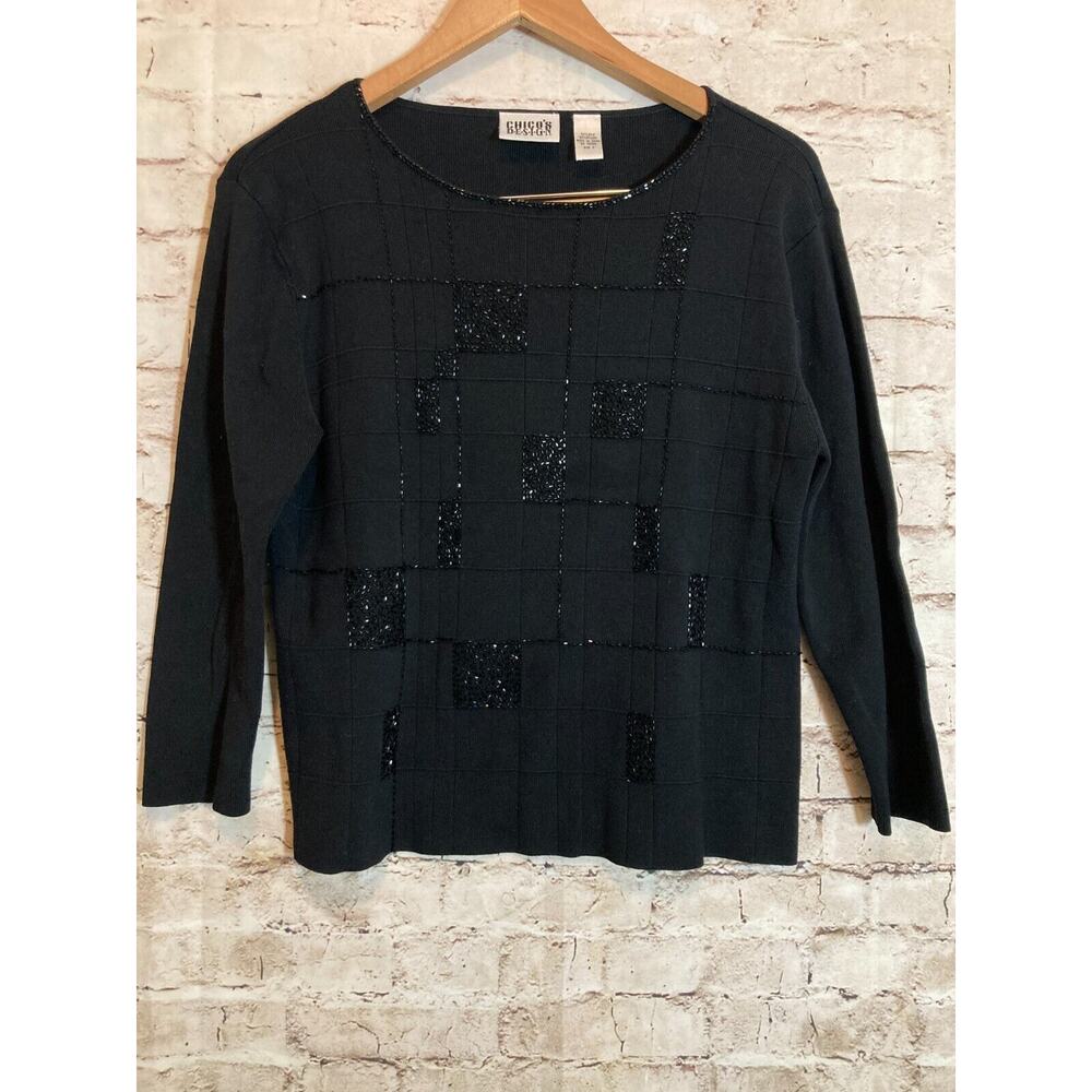 Chico's Design Silk Sweater Womens Large Black Beaded Pullover Check Lightweight